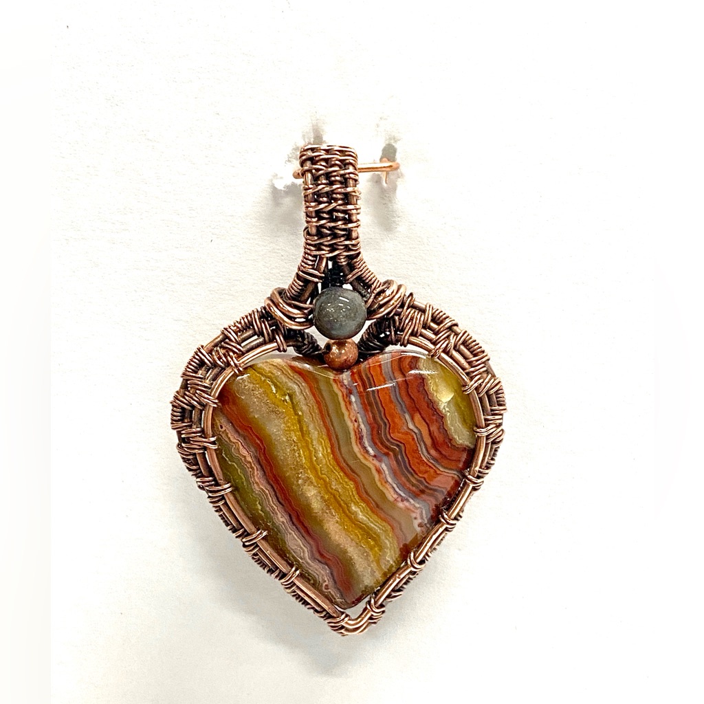 Handcrafted Lace Agate Labradorite Hand Wrapped Copper Statement Heart Pendant